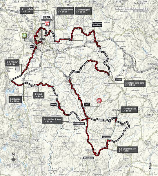 La planimetria della Strade Bianche professionisti, 175 km, 11 tratti e 61,9 km di sterrato. Si corre il 4 marzo 2017